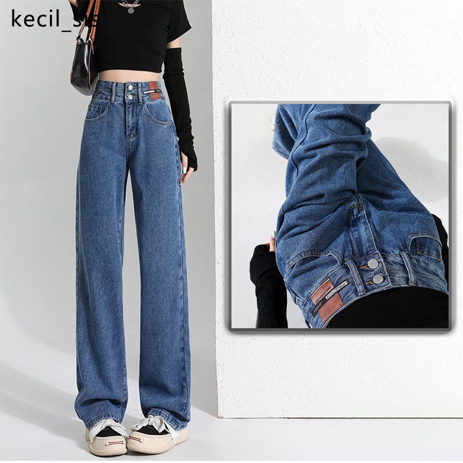 【Ready】Celana Biru tua Celana Highwaist Jeans Wanita Celana Jeans Panjang Wanita Celana Korea Kulot 