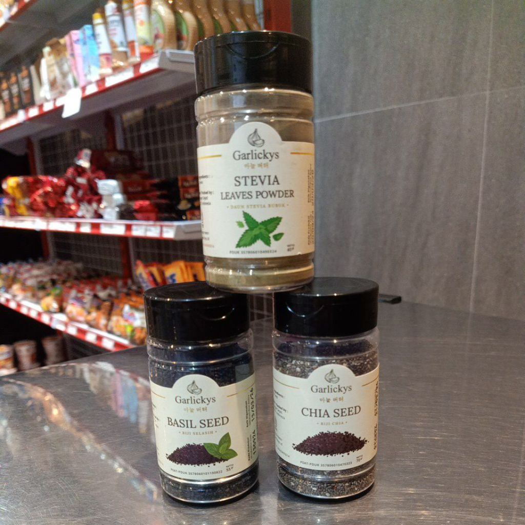 

Garlickys Basil Seed (Biji Selasih), Stevia Leaves Powder (Daun Stevia Bubuk), Chia Seed (Biji Chia)