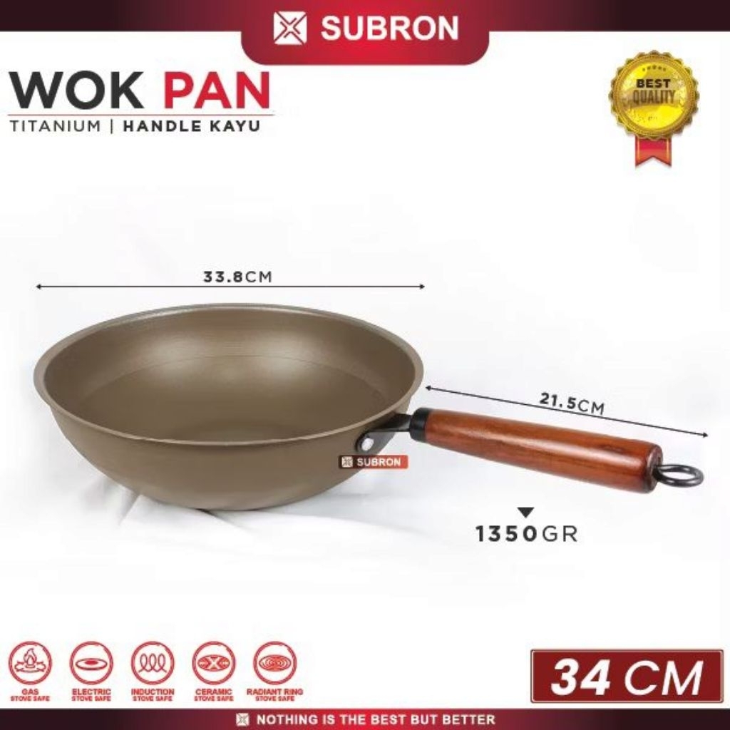 SUBRON Wok Pan Teflon Penggorengan Anti Lengket 34CM Titanium Handle Kayu