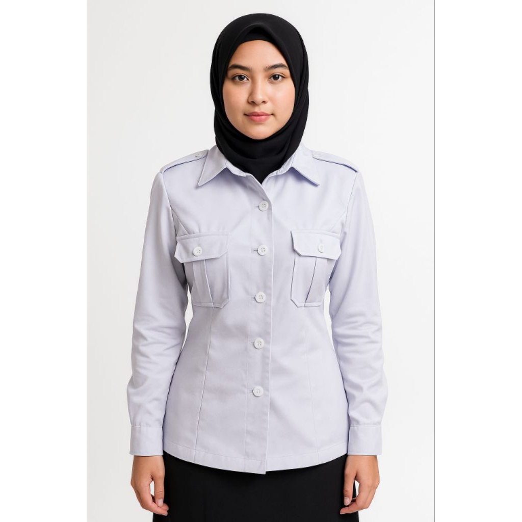 Baju Seragam Putih Hitam ASN Wanita - Baju Dinas Guru Kerah Kemeja Set Rok dan Celana