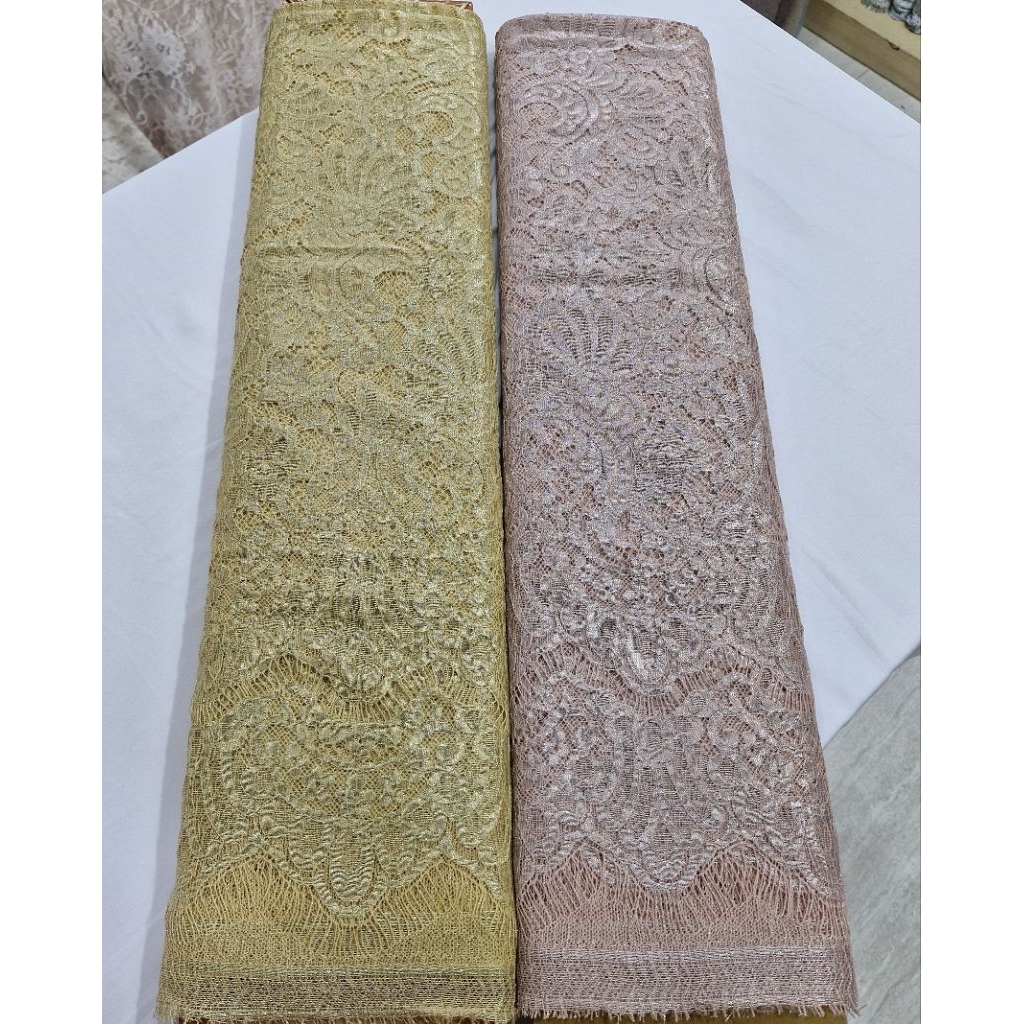 Bakal Kain Bahan Kebaya Brukat Semi Prancis Laminate Metalik/ Kain Kebaya Akad Gold/ Kain Brukat Ros