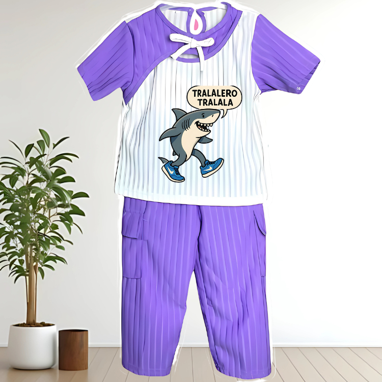 Setelan Anak Anomali Tralalero Tralala | Lucu, Adem, Nyaman | Size 1-5 Tahun | Lilac & Pink