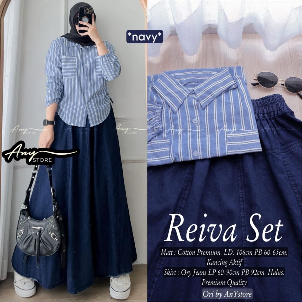 Reiva Set Katun Salur Mix Rok Jeans Mayung (Any)