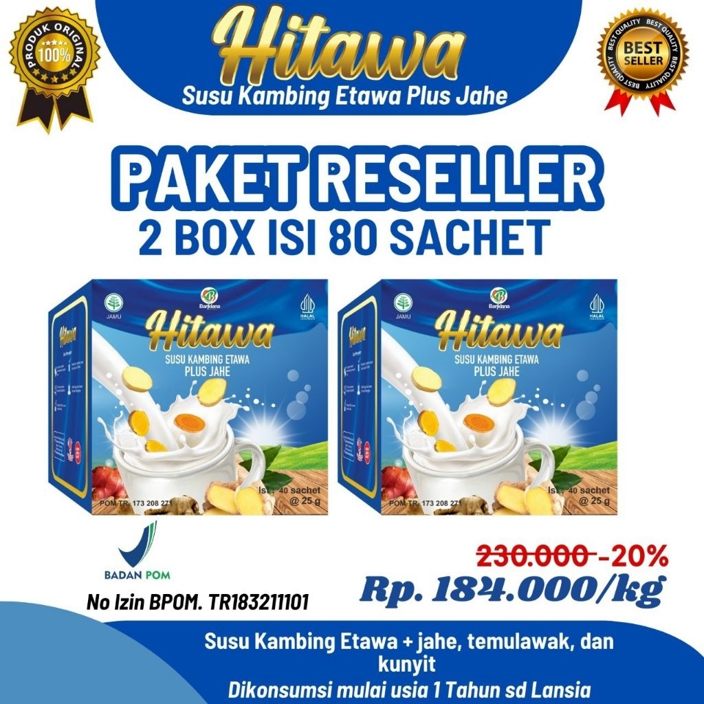 

( gratis hadiah ) HITAWA sachet 2 box isi 80 sachet susu etawa plus jahe merah sehat sendi dan tulang