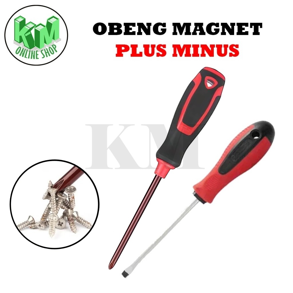 Obeng Magnet Panjang Plus (+) / Minus (-) Obeng Gagang Karet Plus Minus