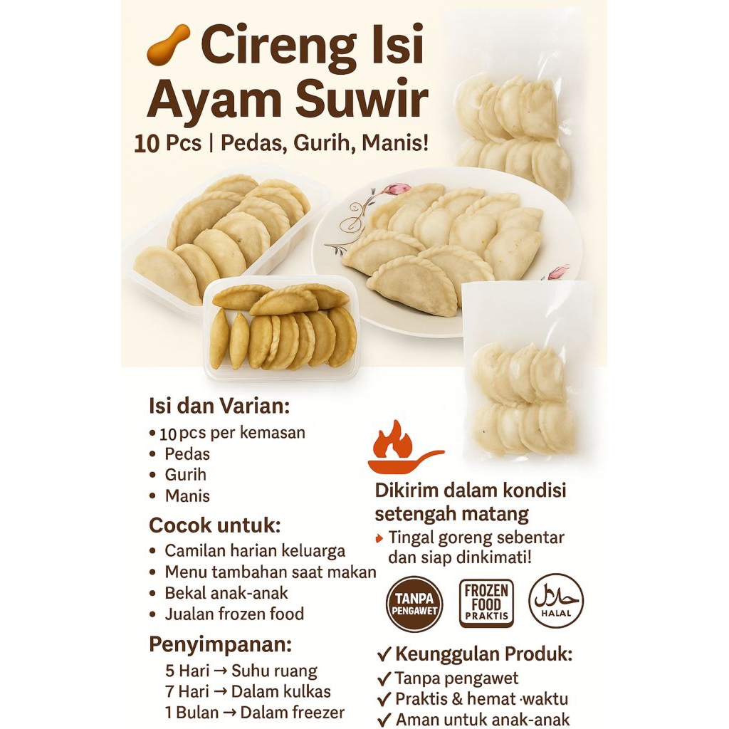 

Cireng Isi Ayam Suwir Pedas, Ayam suwir Original, Usus Pedas, Sosis, Keju – Frozen Siap Goreng | Gurih, Lumer, Nagih!, Tanpa Pengawet (isi 10)