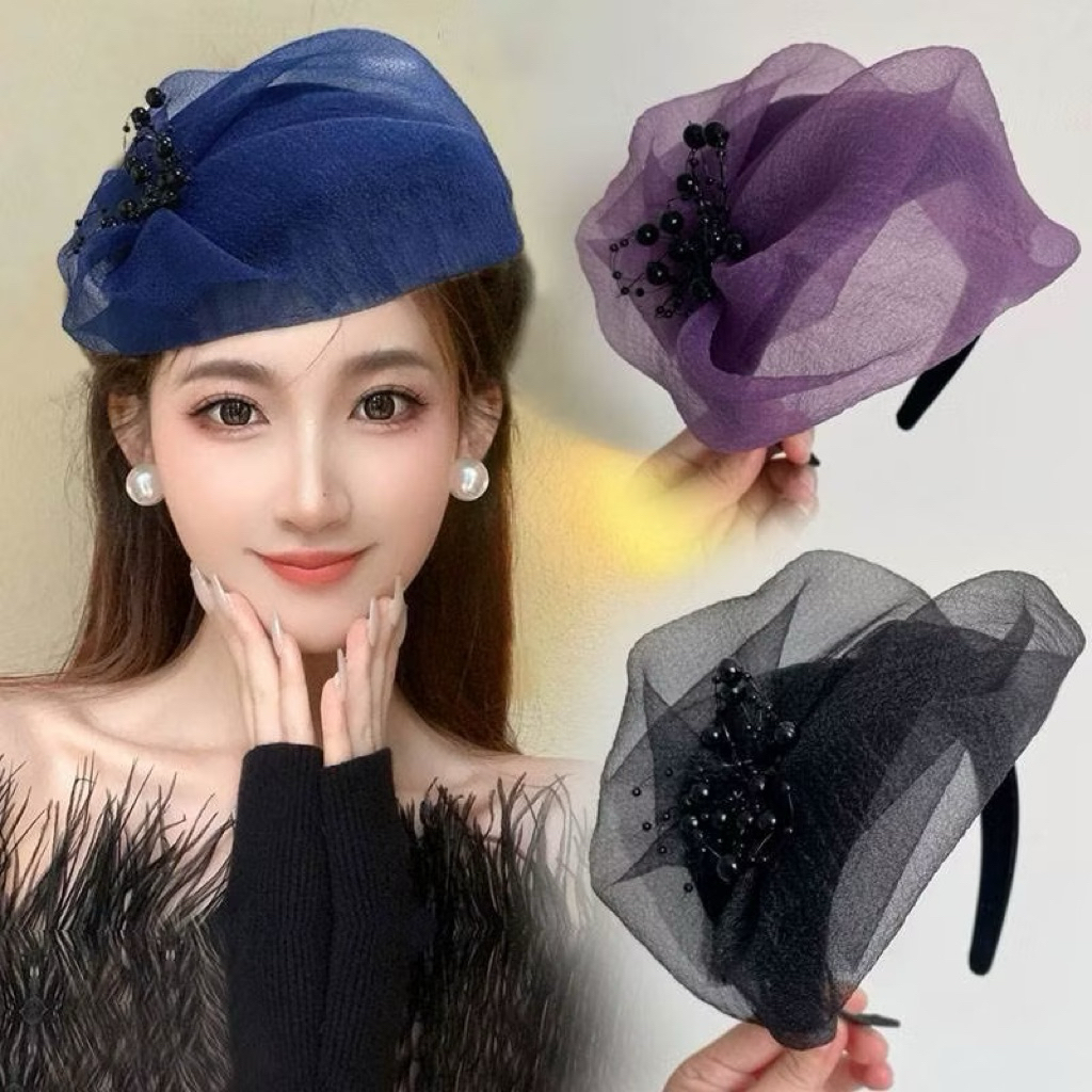 Topi Fascinator Hat Wanita Headband Bando Headpiece Topi Jaring Hiasan Rambut Pesta