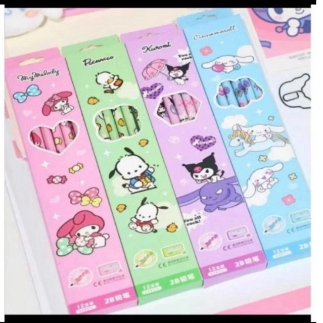 

isi 12 pensil 2B + Rautan karakter sanrio Melody Kuromi Cinnamorol Kado Hadiah Anak Lucu Alat Tulis Sekolah