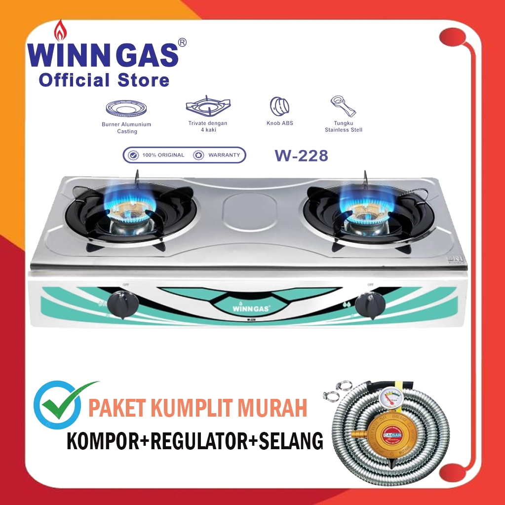 Kompor gas Winn Gas W-228 Kompor Gas 2 Tungku Plat Stainless+regulator+selang
