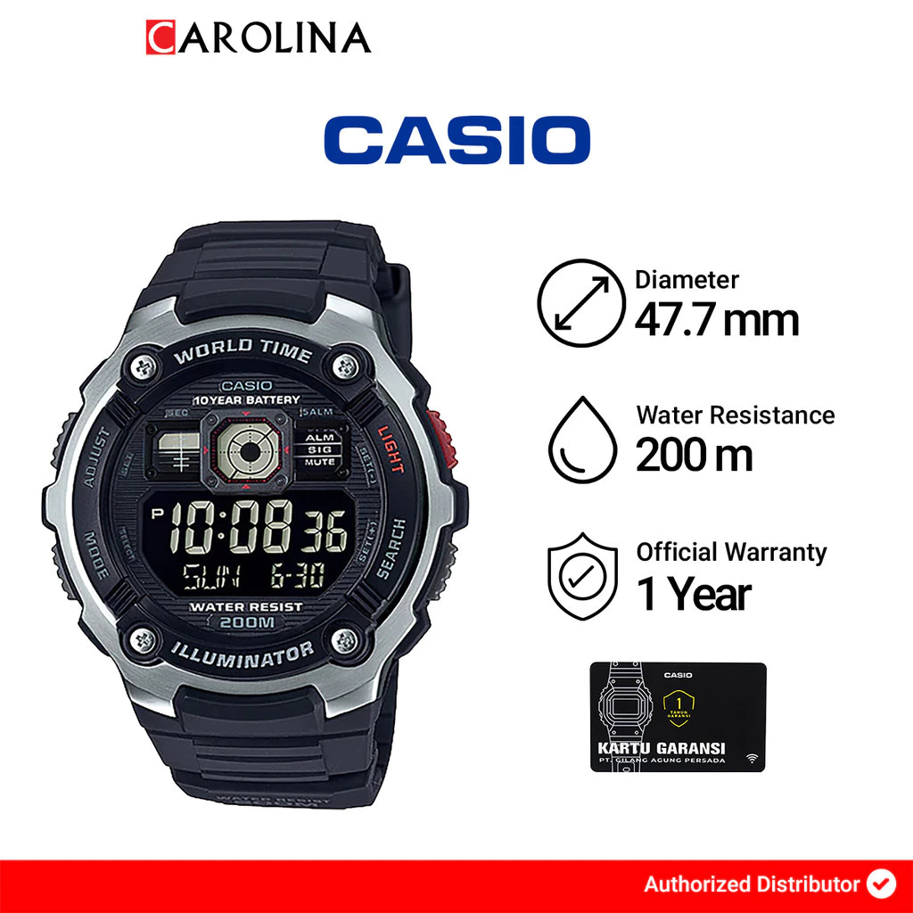 Jam Tangan Pria Casio General AE-2000W-1B WR 200M Digital Dial Black Resin Band