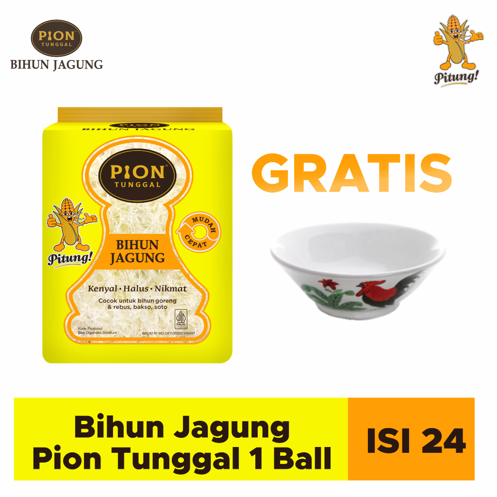 

BIHUN JAGUNG PION TUNGGAL KUNING 140 GRAM 1 BALL - ISI 24 (GRATIS MANGKUK )