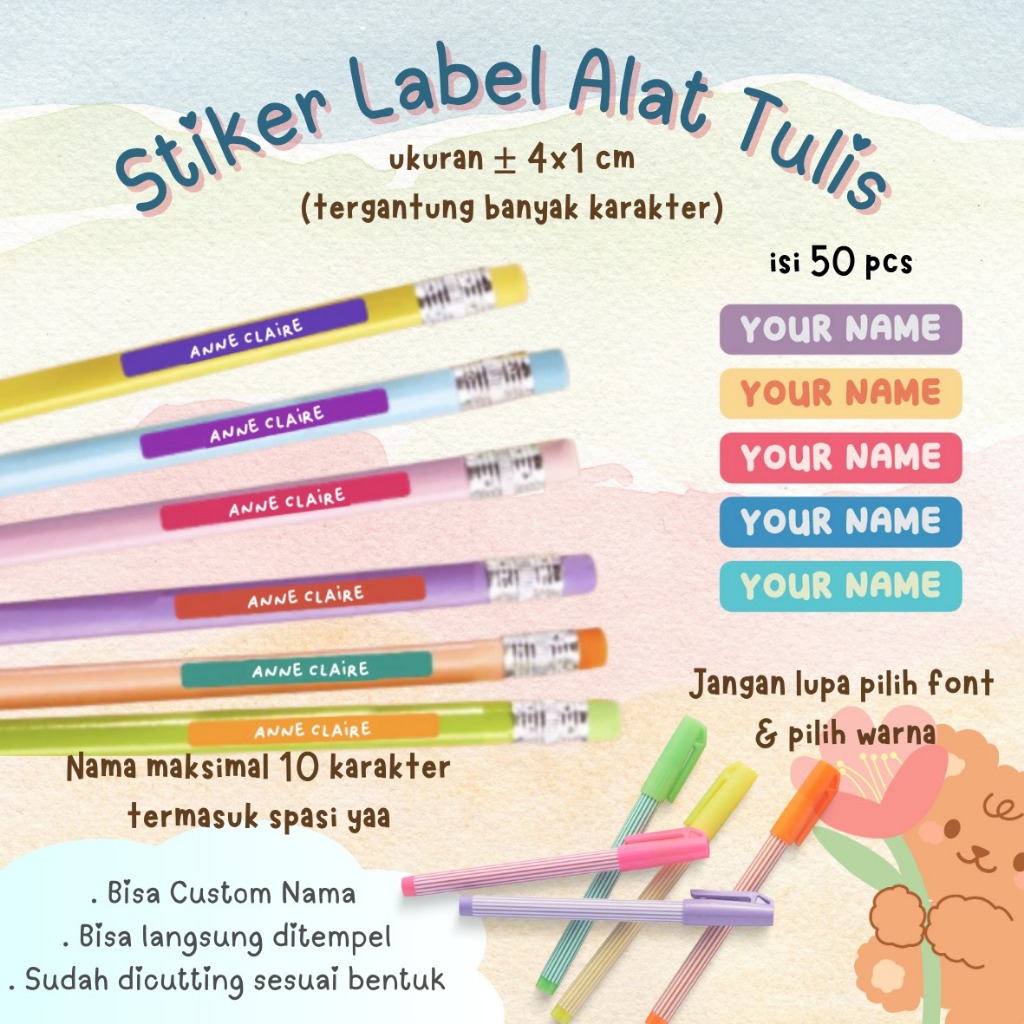 

(PO) Sticker Label Nama Anak Custom Small Size isi 50 pcs Untuk Pensil Alat Tulis Barang Buku Botol Minum Stiker Tempat Makan