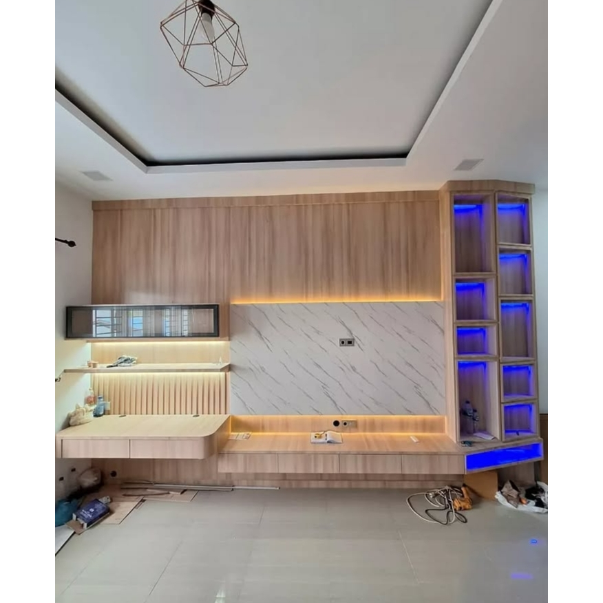 "TV Cabinet Custom Minimalis Modern + Meja Kerja LED - Backwall TV Dinding Ruang Tamu Sidoarjo Surab