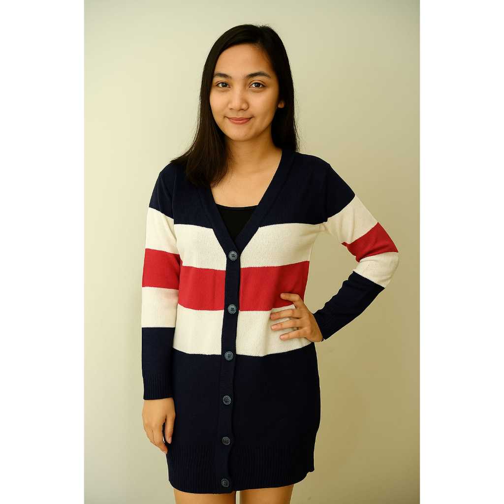 duomo - Blazer Rajut Wanita Merah Putih Navy Lengan Panjang