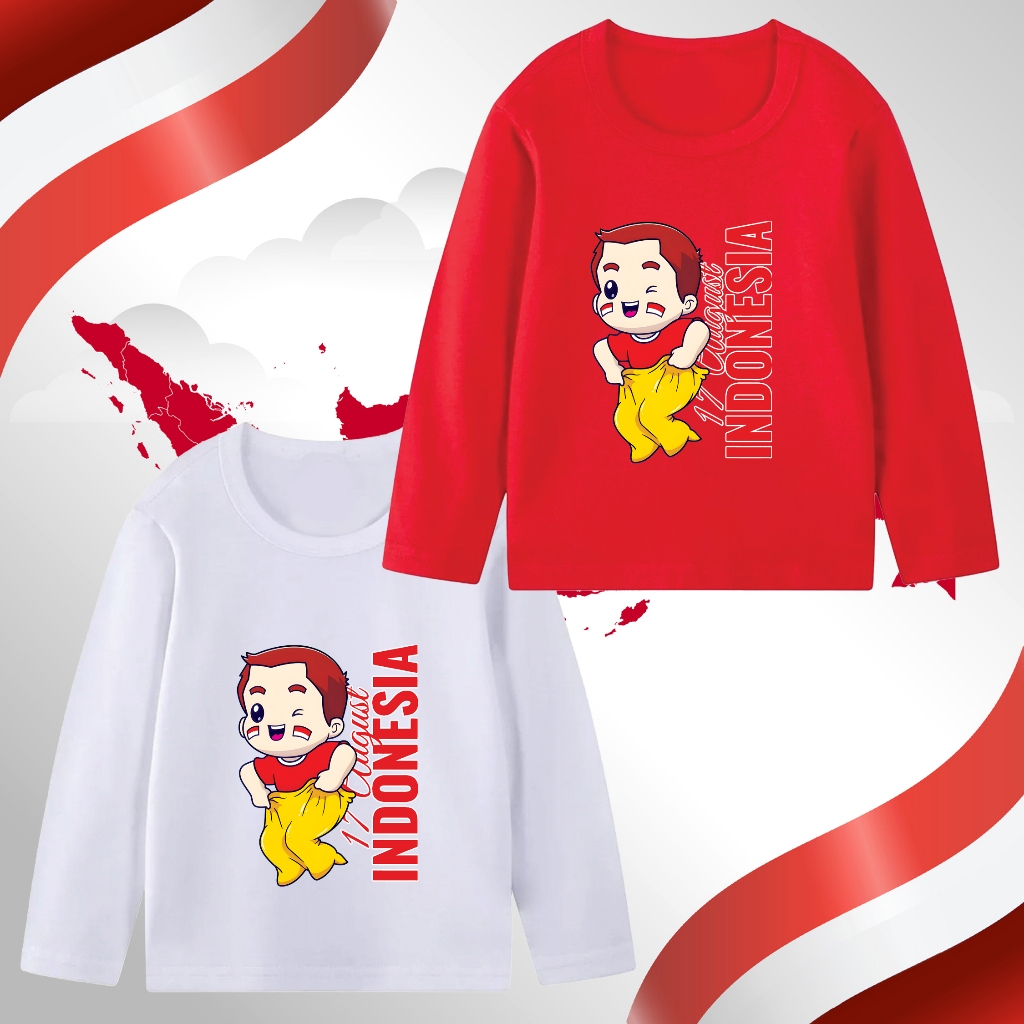 Atasan Panjang Baju Kaos Anak Gambar INDONESIA MERDEKA 17 AGUSTUS LOMPAT KARUNG Usia 1-11 Thn