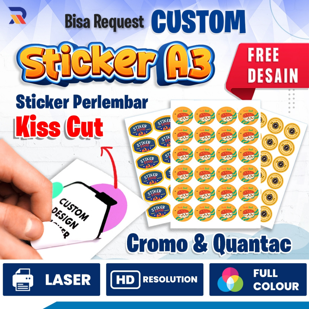 

Custom Stiker Vinyl A3 Cutting Putus Kiss Cut / Cetak Stiker Perlembar A3 / Cetak Sticker Makanan