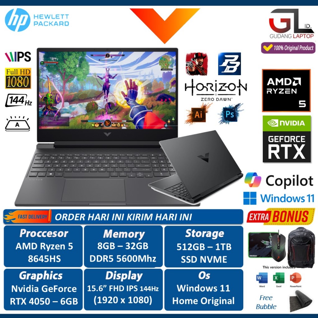 HP Victus 15 Gaming Laptop RTX4050 Ryzen 5 64GB 1TB SSD 144Hz FHD IPS Windows 11 Home