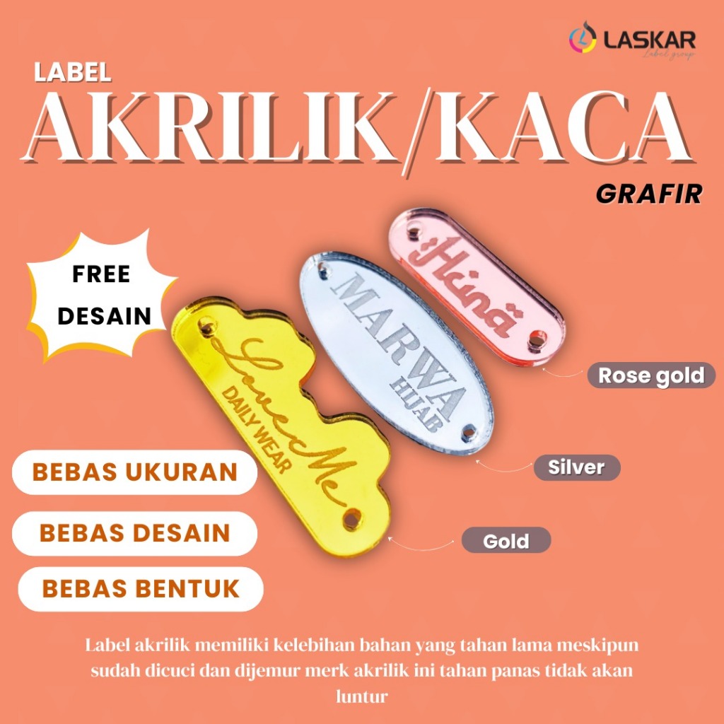 

label kaca/label acyrilic label hijab label gamis label pakaian label nama label brand