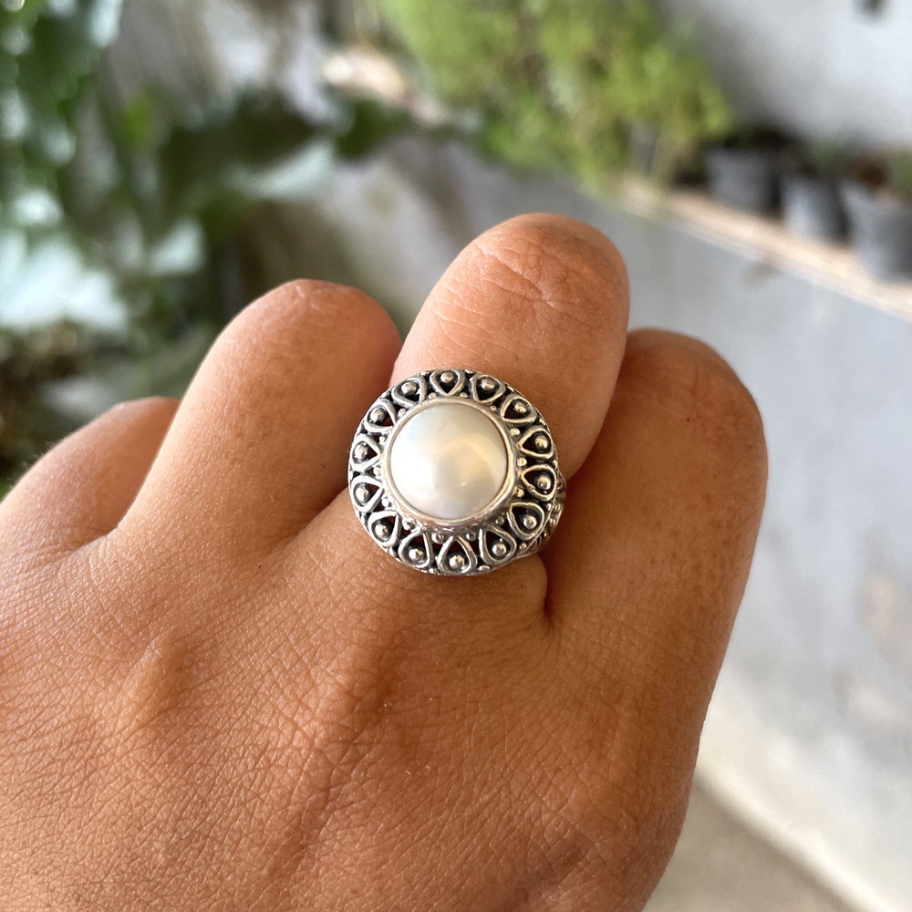 Cincin ring perak silver bali 925 Mutiara Pearl tawar lebar ukir daun kelopak petal pria wanita cust