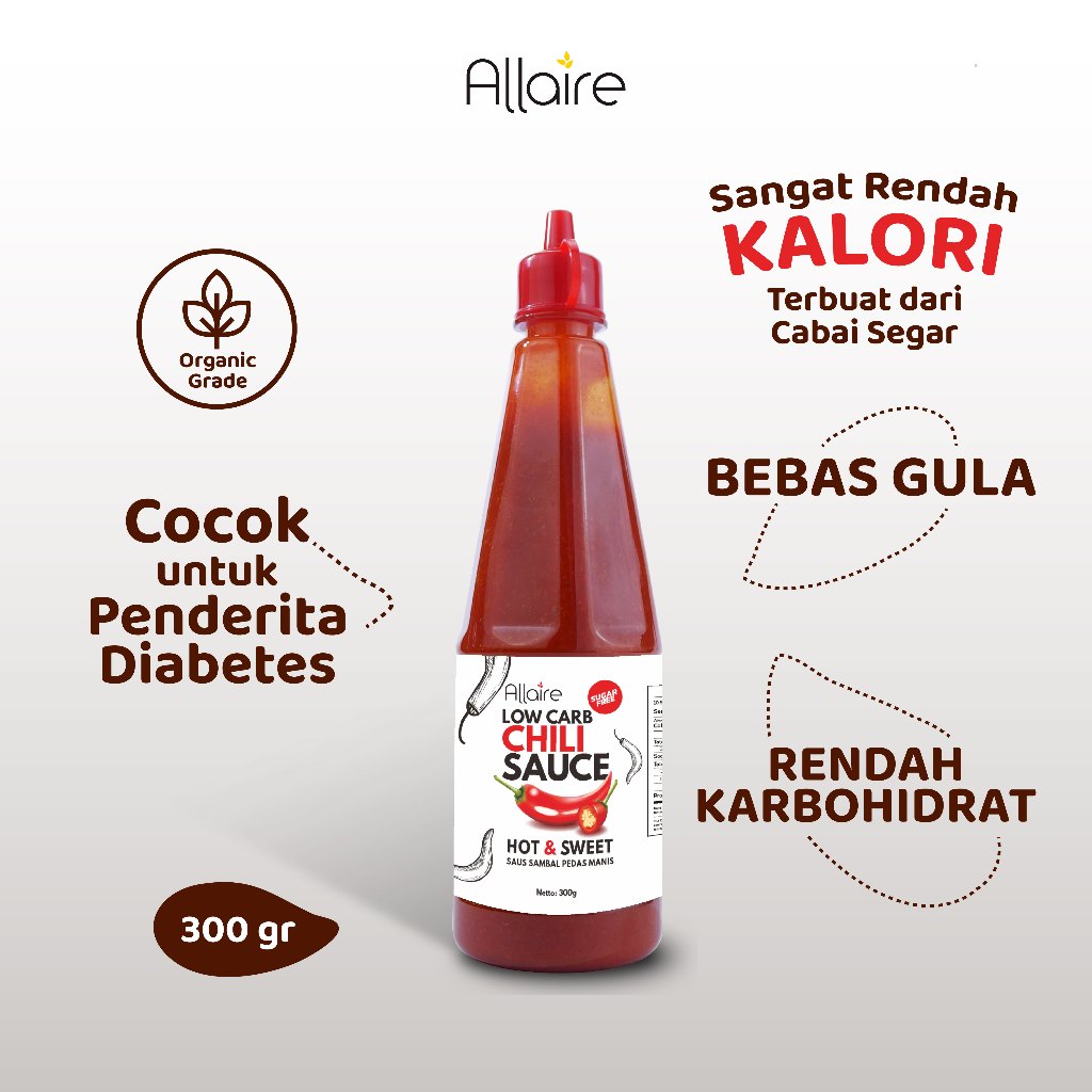 

Allaire Chilli Sauce Sweet And Spicy - 300 g | Saus Tanpa Gula Pedas Manis | Chilli Sauce Sugar Free | Saus Rendah karbo | Halal