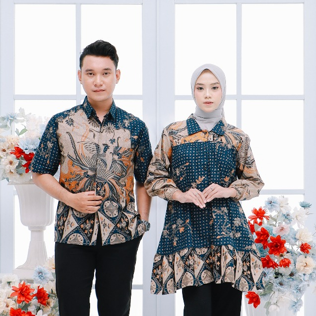 BATIK TRUSMI Set Couple Tunik Batik dan HEM Batik Motif Burung Kombinasi Alisan