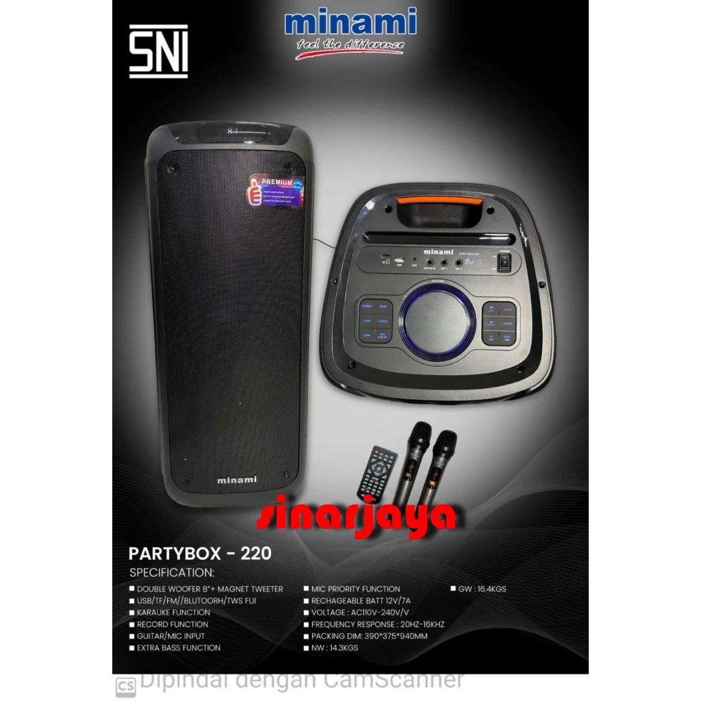 SPEAKER PORTABLE DOUBLE MINAMI PARTYBOX 220 PREMIUM 2X8 INCH PARTYBOX220 LUXURY