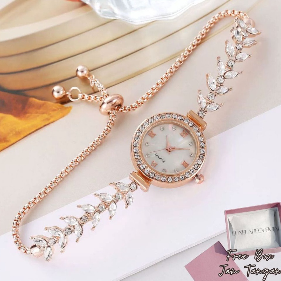 KODE D87I LuxeLane Jam Tangan Wanita Rantai Serut Daun Mermaid Silver Rose Gold Cewek Elegan Mewah K