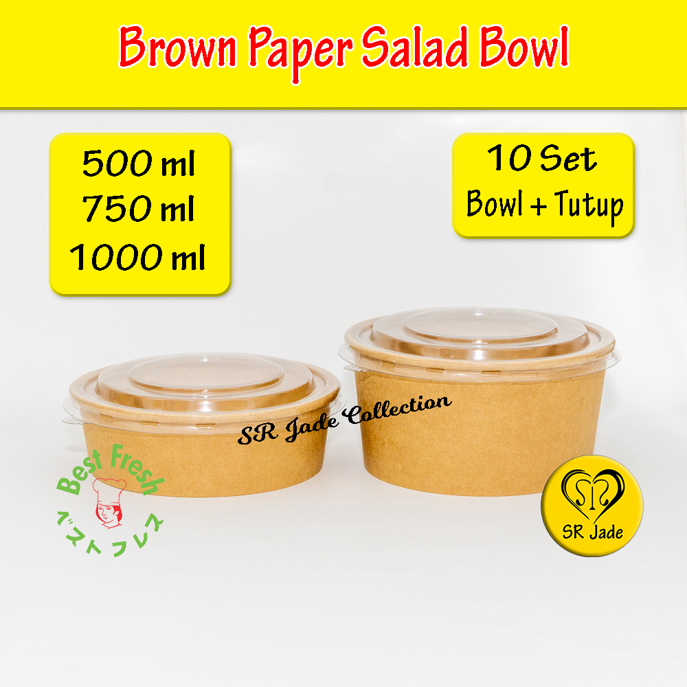 [10 SET] Paper Salad Bowl 500ml 750 ml 1000ml Mangkok Kertas Lunch Brown Box Salad Rice Bowl