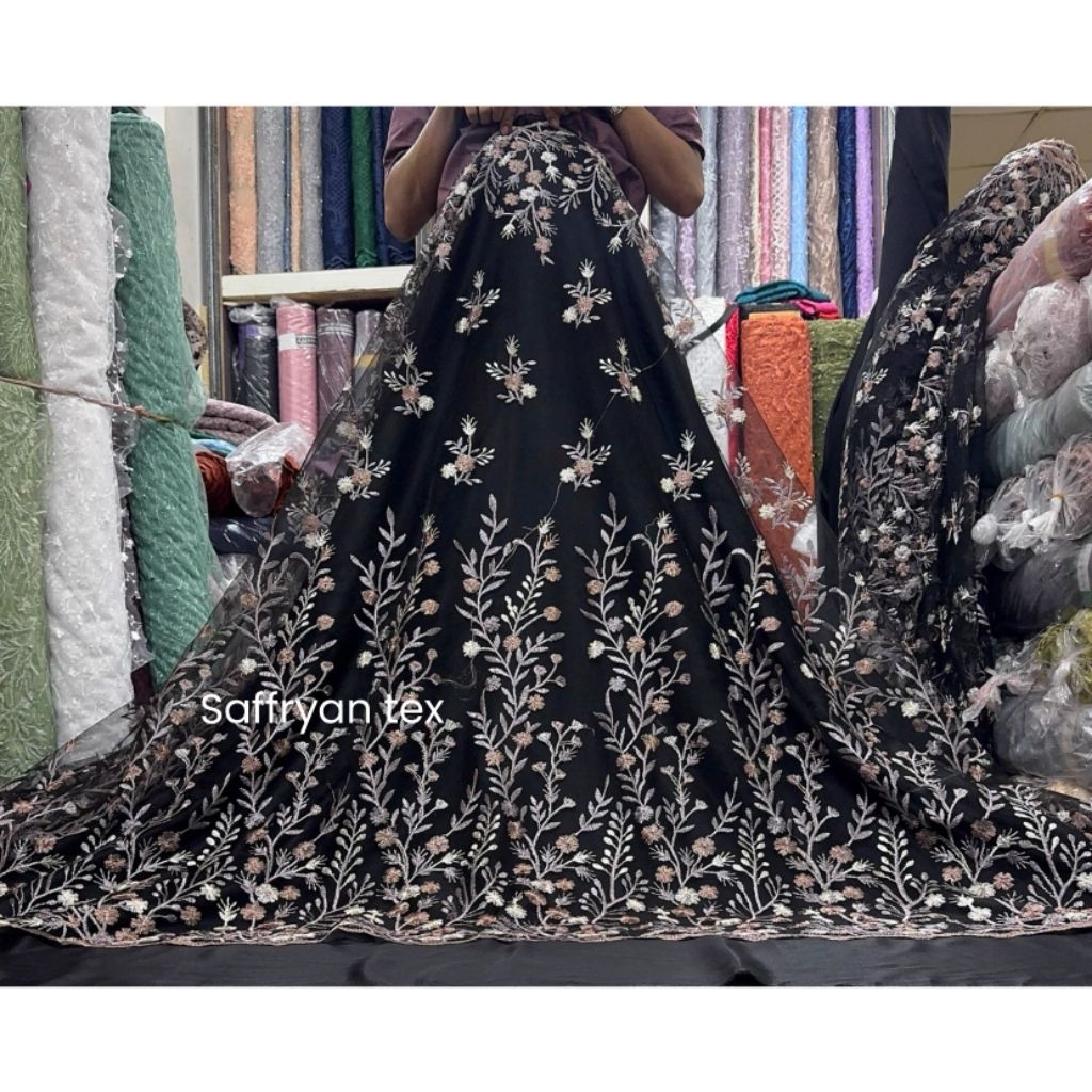 NEW Bahan kain tile GARDEN HITAM KOMBINASI/TILE GARDEN/BAHAN KEBAYA BROKAT TULLE