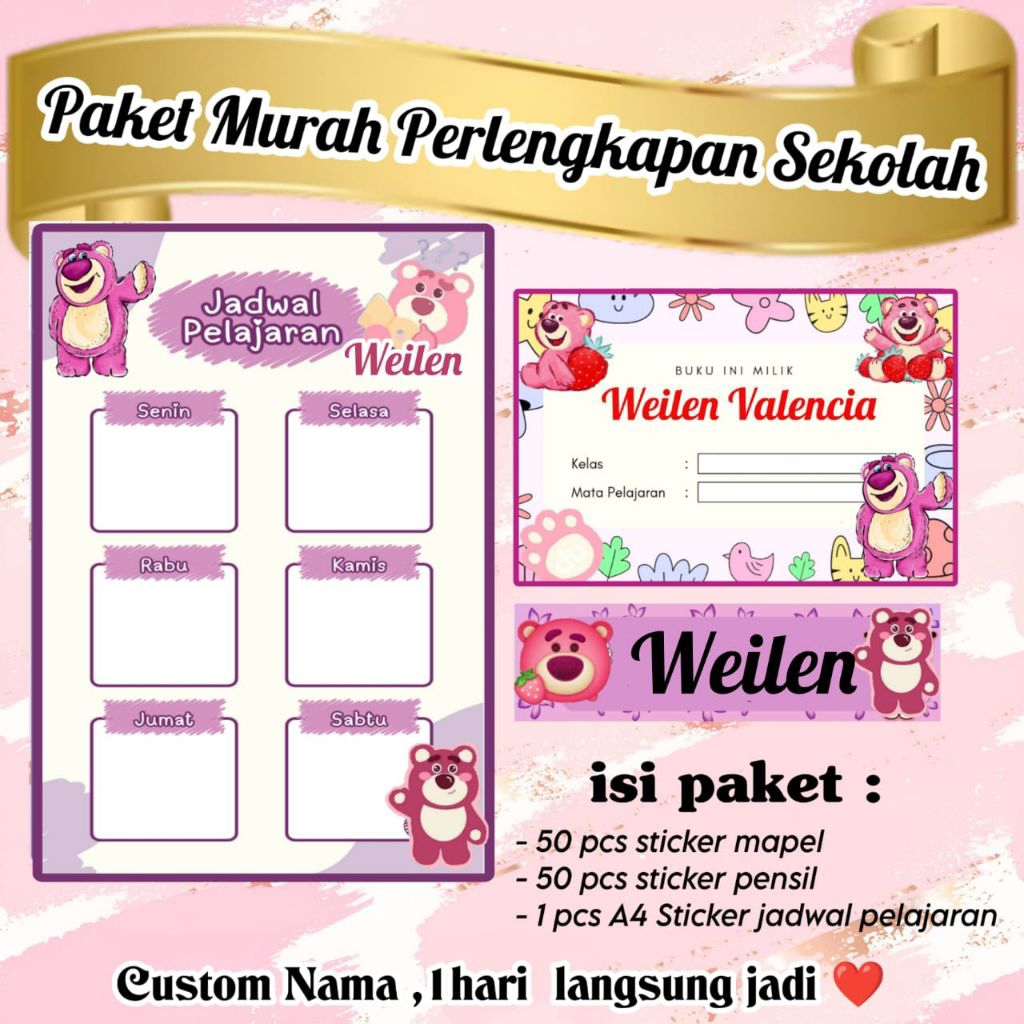 

(ISI 101 PCS) PAKET MURAH PERLENGKAPAN SEKOLAH 50 PCS STICKER BUKU PELAJARAN + 50 PCS STICKER PENSIL + 1 LEMBAR STICKER JADWAL PELAJARAN MOTIF LOTSO