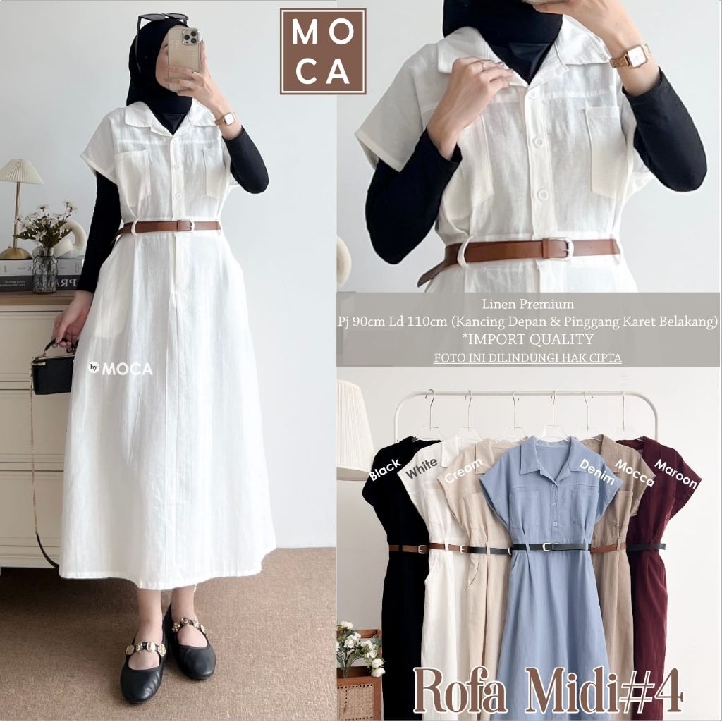 Rofa Midi Dress #4 - Dress Midi Linen Premium Wanita Hijab Friendly (6 Warna)