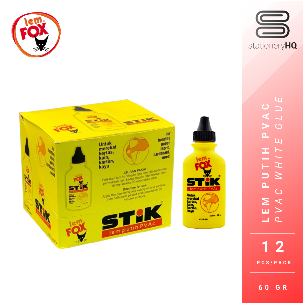 

(12 Pcs) Lem Kayu / Lem Putih Fox Stik PVAc 60gr