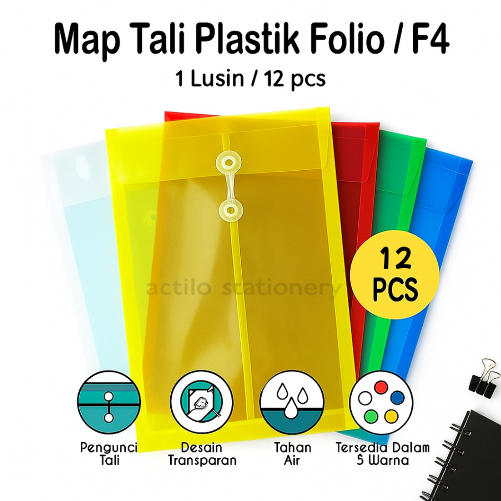

(1 PAK / 12 PCS) Map Plastik Tali Ukuran Folio/F4 - Map Tali Plastik Punggung SP-818