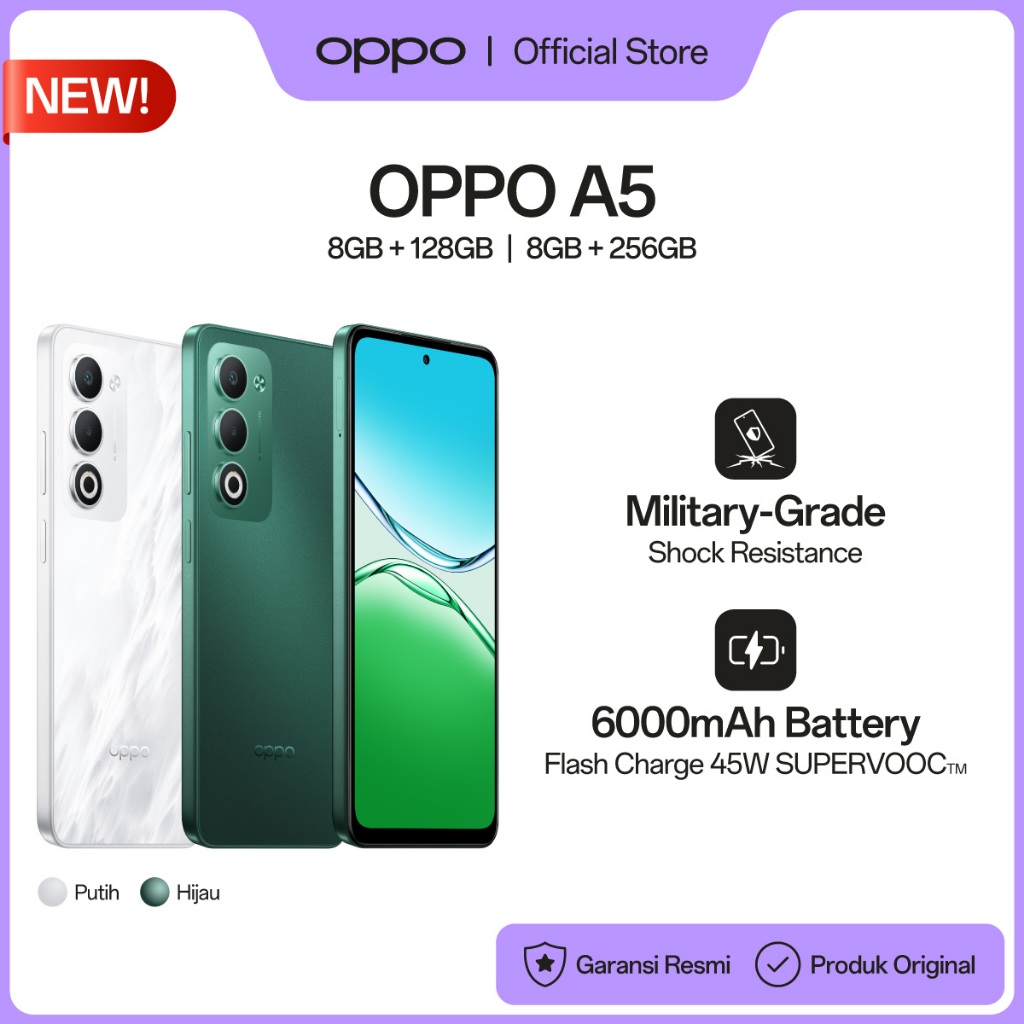 OPPO A5 8GB/128GB & 8GB/256GB [Military-Grade Shock Resistance, IP65 Water Resistant, 6000mAh Large 