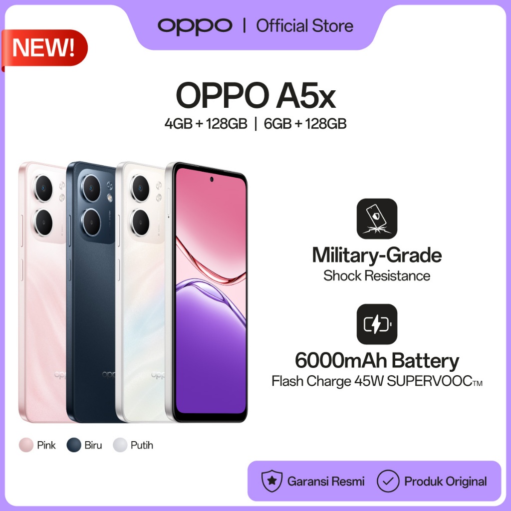 OPPO A5x 4GB/128GB & 6GB/128GB [Military-Grade Shock Resistance, IP65 Water Resistant, 6000mAh Large