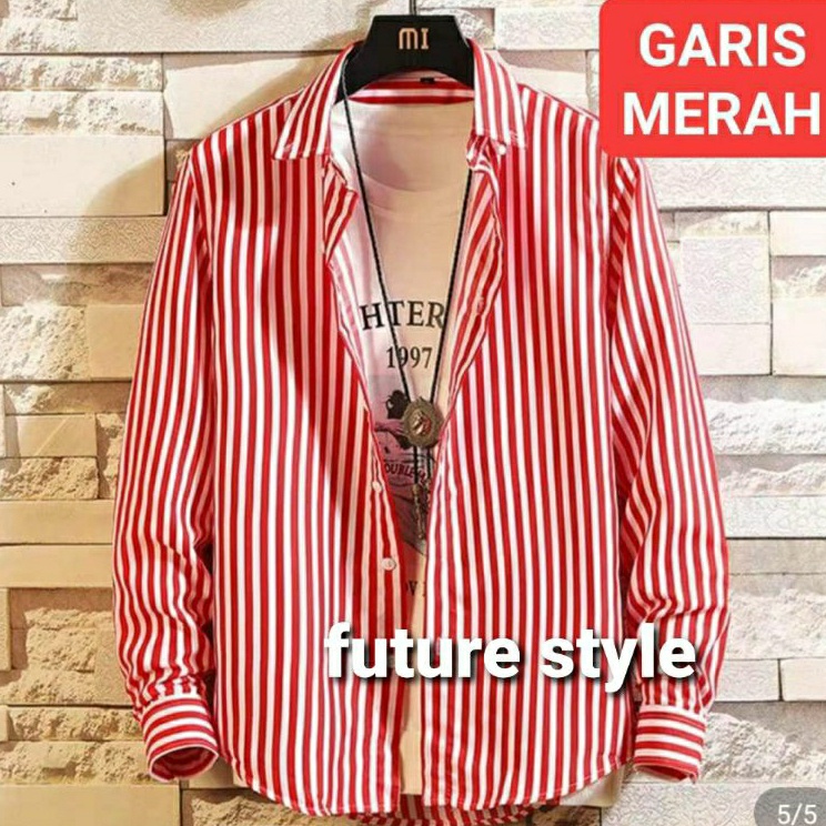 Terlaris Kemeja Garis Salur Hitam Putih Pria Lengan Panjang Ganjar Pranowo Katun Flanel Import Jumbo