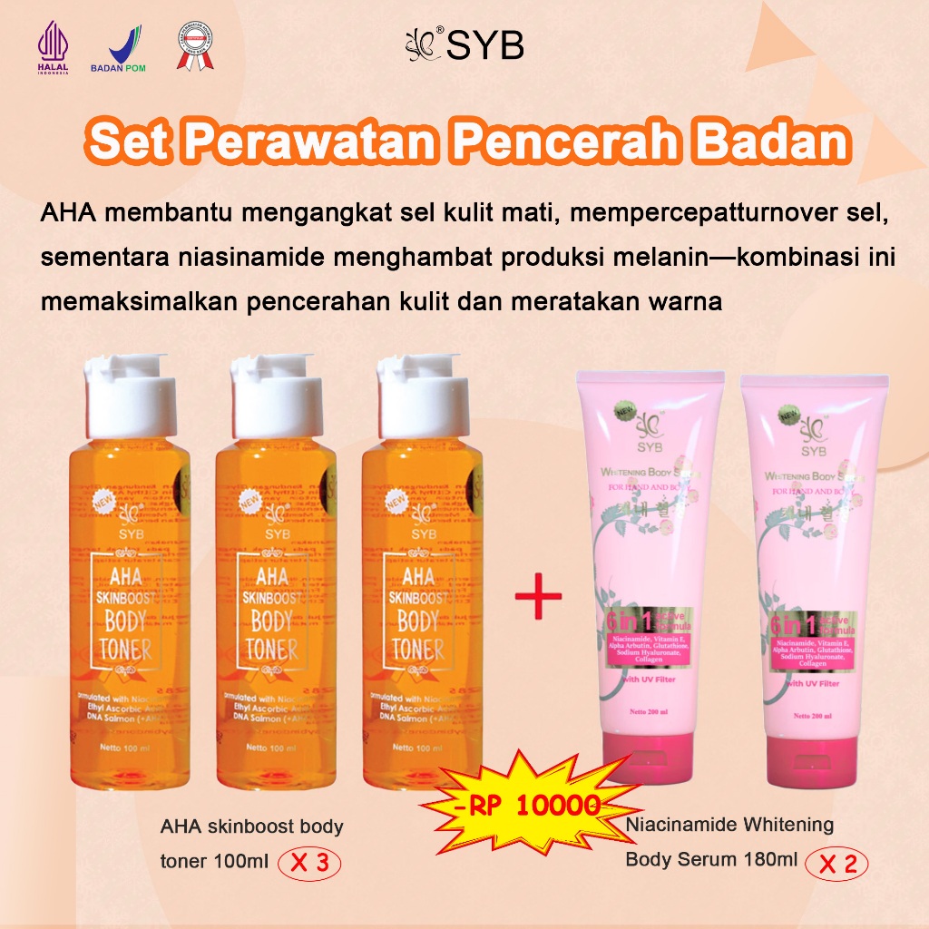 [BPOM] Paket Promosi Perawatan Pencerah Badan SYB (Toner Badan AHA+Whitening Body Serum )– Pemutih L
