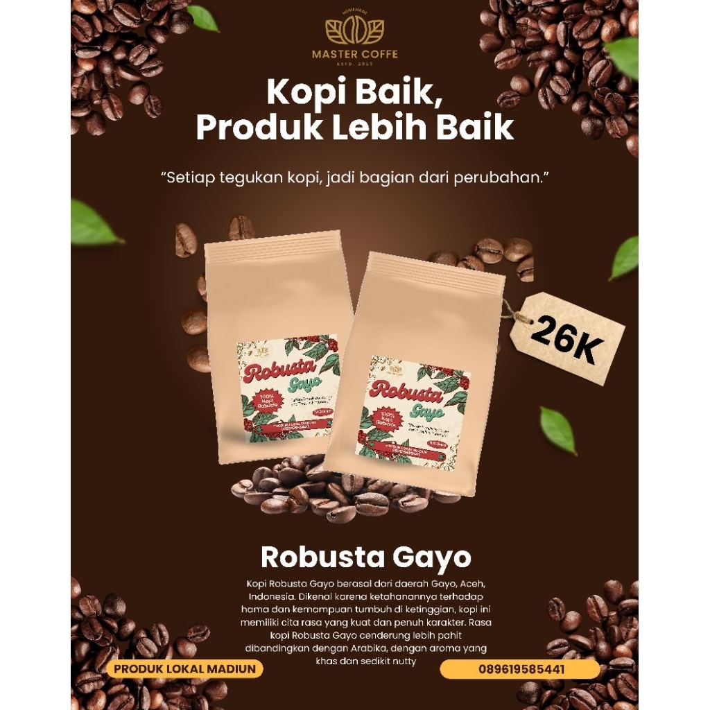 

Kopi Robusta Gayo Murni- Master Coffee 100Gram