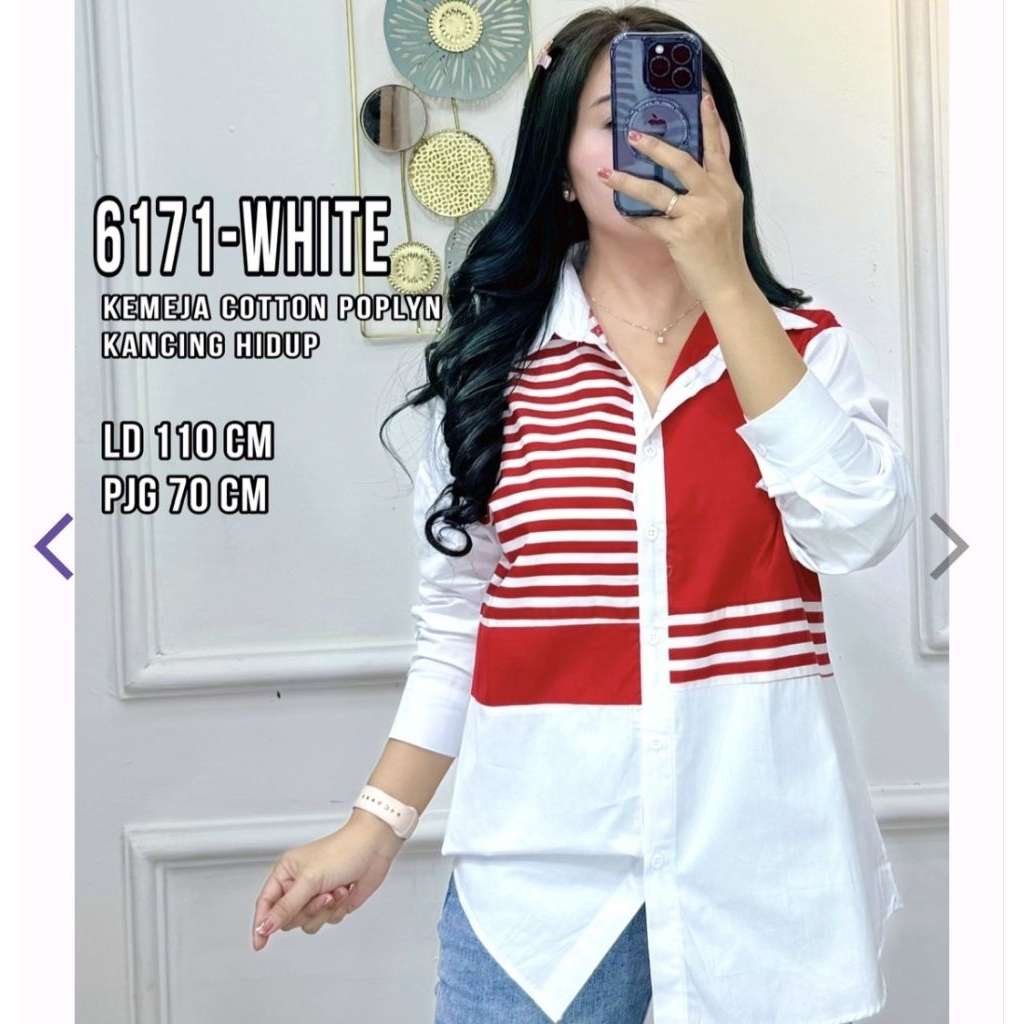 ELL 6171 KEMEJA POPLIN WANITA IMPORT / KEMEJA MERAH PUTIH WANITA / READY / REALPICT