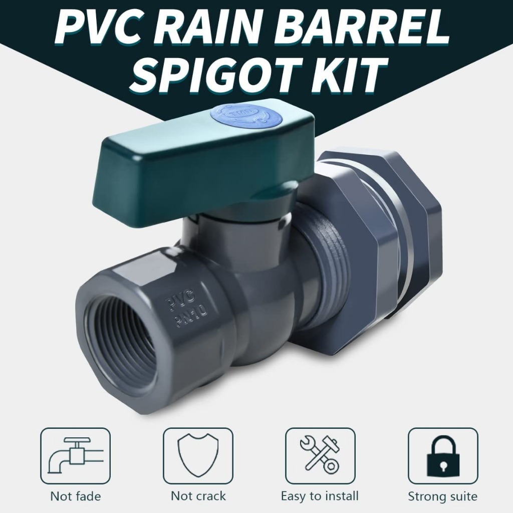 Keran Drum Air Hujan PVC 3/4 Inci – Katup Bola Gagang Hijau + Sekat & Fitting Tangki