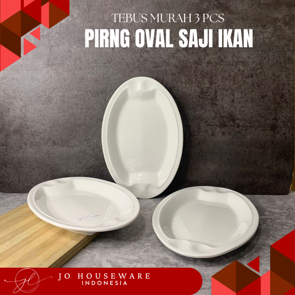 Piring Oval Saji Ikan Pyramid Keramik Premium Putih polos ukuran 30,5 x 21cm hotelware serbaguna JJ4