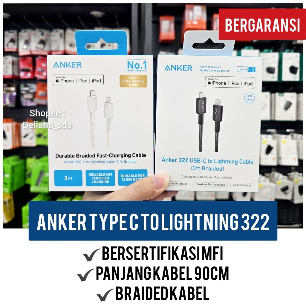 Kabel Anker Type C to Lightning 322 MFI 90cm Garansi Resmi 1 Tahun Kabel Anker Type C to Lightning M