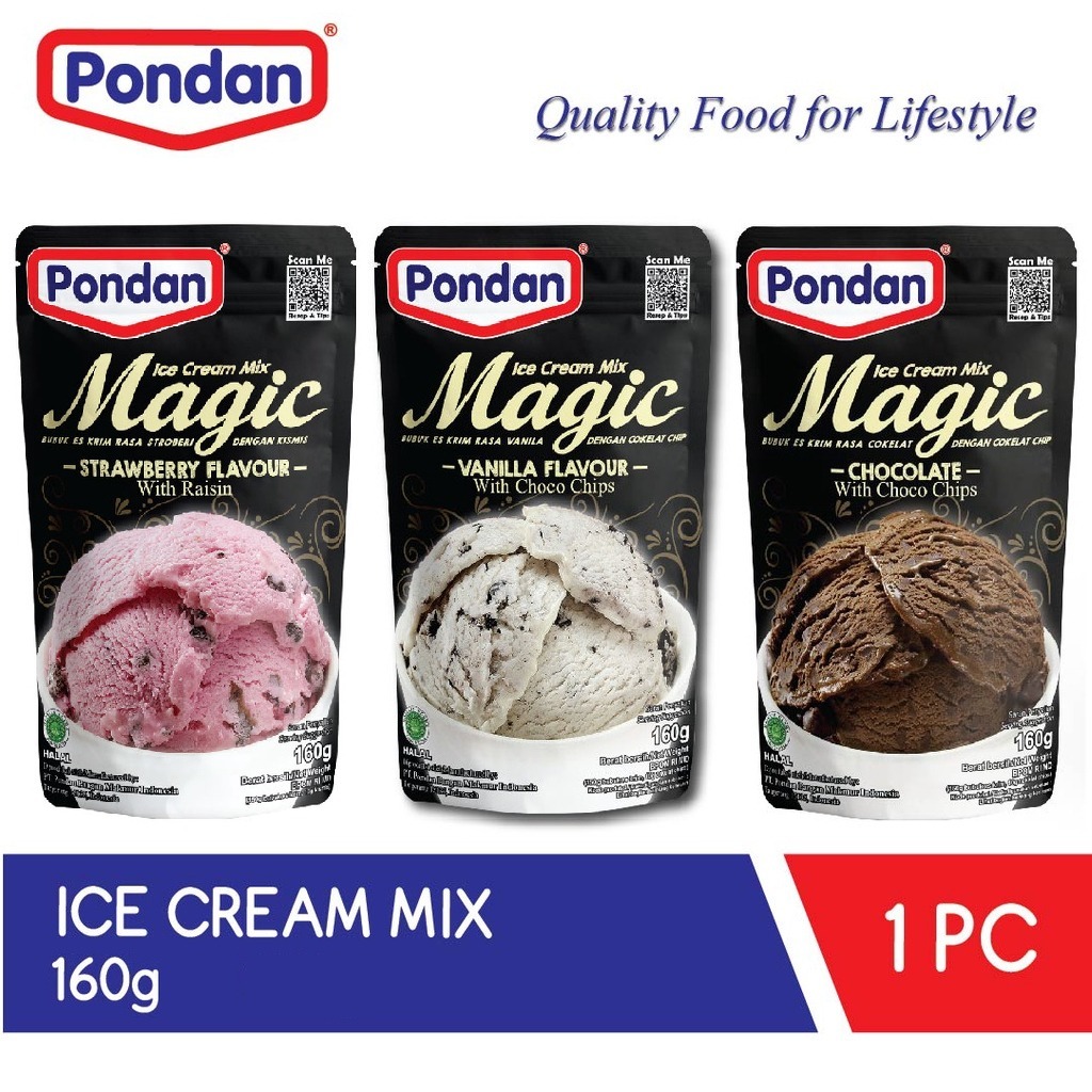 

Bubuk Es Krim / Ice Cream Mix Pondan Magic 75 Gr dan 160 Gr Rasa Chocolate / Coklat, Stroberi / Strawberry, Vanilla / Vanila