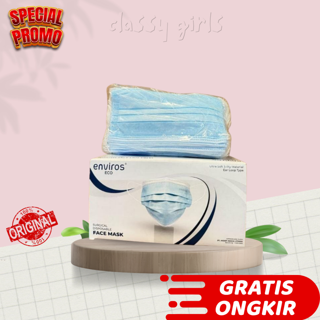 MASKER EARLOOP ENVIROS BIRU ISI 50 PCS 3PLY MURAH