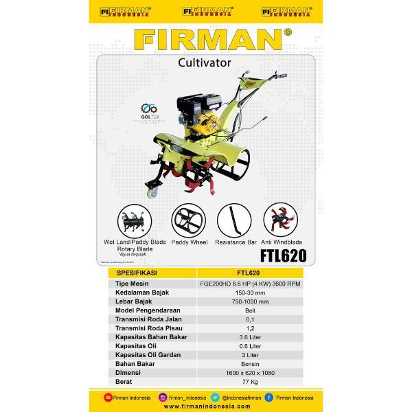 Tiller Firman FTL620 + FGE200HD | Mesin Bajak Sawah & Lahan Kering