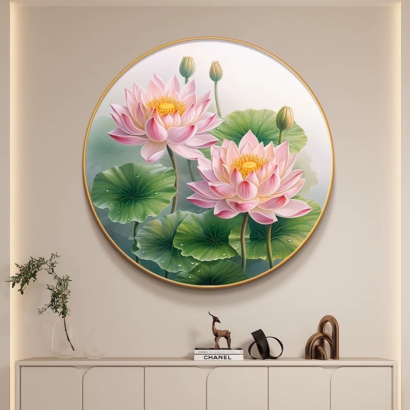 Lukisan Porcelain 5D Diamond Bulat Motif Teratai Pajangan Dinding Porselen 5 Dimensi Kristal Timbul 