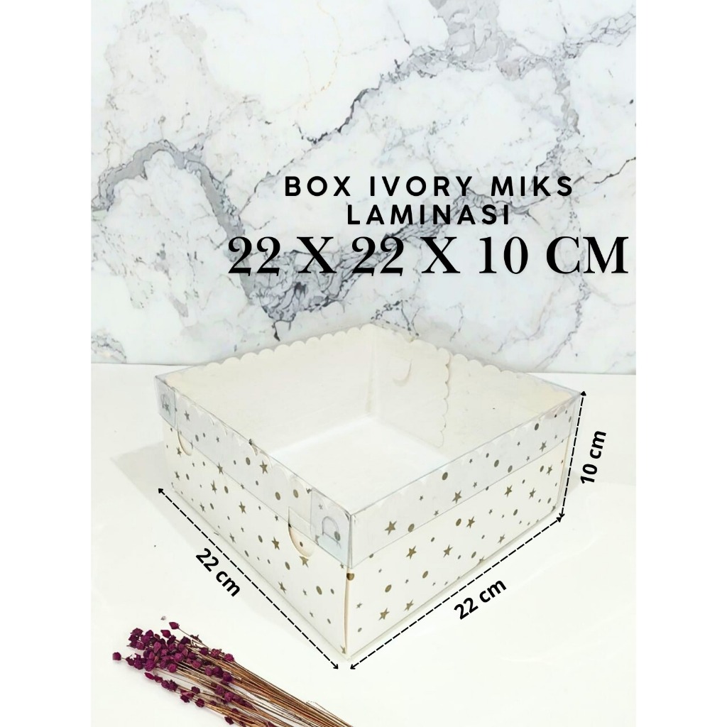 

( 10 Pcs ) Fuji Box Dus Kotak Kue hampers puding cake Ivory Motif laminasi 22 cm x 22 cm x 10 cm Premium Tutup Mika Full