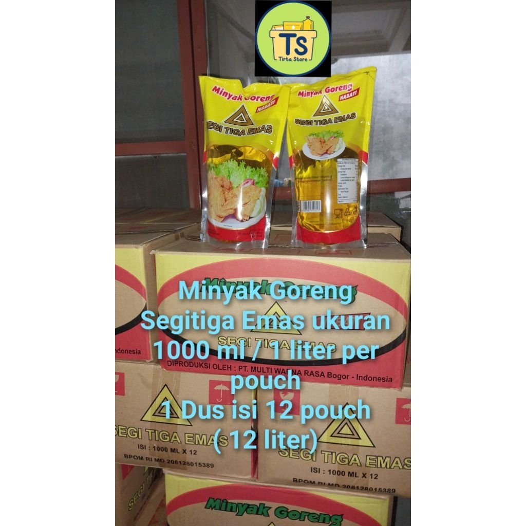 

Minyak Goreng Segitiga Emas kemasan pouch 1 liter / 1.000 ml per dus isi 12 pouch / 12 liter