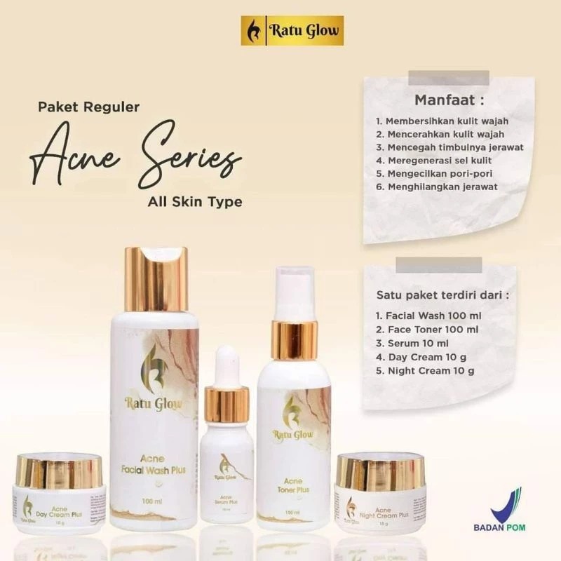 RATU GLOW Paket Reguler Acne - Mencerahkan Kulit Kusam Mengatasi Jerawat dan Bekas Jerawat, Meredaka