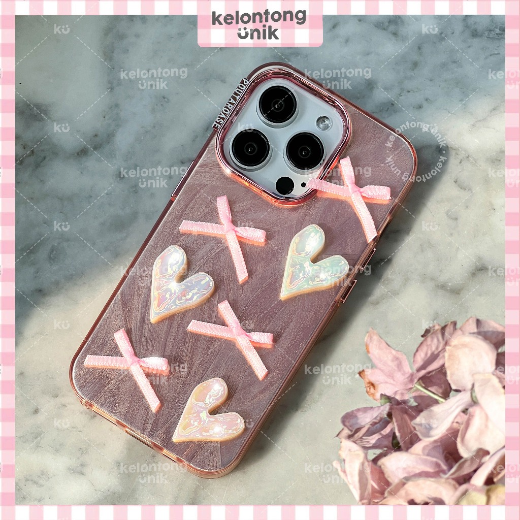 KELONTONG UNIK | SCARLETT Heart Pink Ribbon Coquette 3D Hologram Case  - Hardcase/ Casing HP for iPh